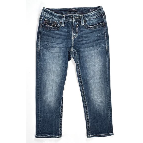 Vigoss Heritage Fit Capri Jeans Womens 6 Inseam 21 Mid Rise Flap Pockets Bling - Picture 5 of 10